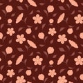 Floral seamless pattern with pink flowers on dark red background. Royalty Free Stock Photo